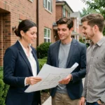 Agent immobilière locale présentant un projet immobilier à un couple devant une maison résidentielle