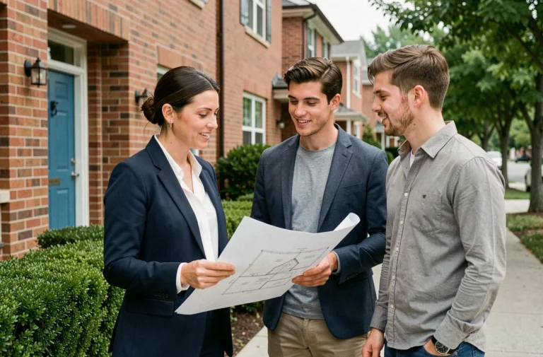 Agent immobilière locale présentant un projet immobilier à un couple devant une maison résidentielle