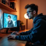 Jeune homme parcourant des alternatives légales pour télécharger des jeux PC depuis son bureau gaming à domicile