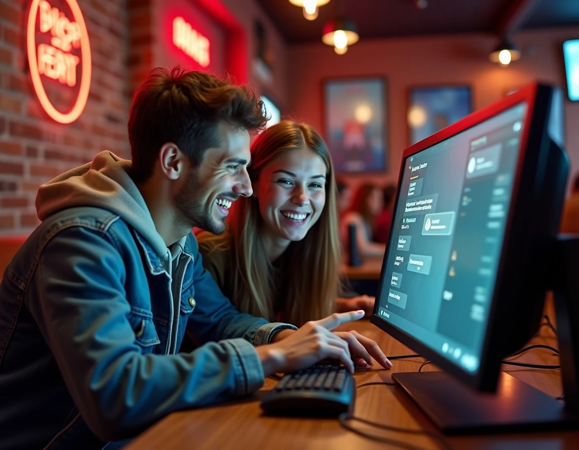 Deux amis discutant des meilleures alternatives légales pour télécharger des jeux PC dans un café gaming urbain
