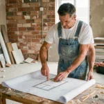 Artisan du bâtiment étudiant des plans de rénovation dans un chantier immobilier en cours