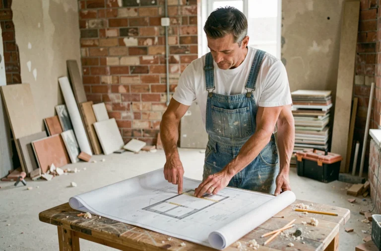 Artisan du bâtiment étudiant des plans de rénovation dans un chantier immobilier en cours