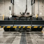 Barre anti-écrasement arrière en acier montée sous un camion semi-remorque dans un quai de chargement industriel