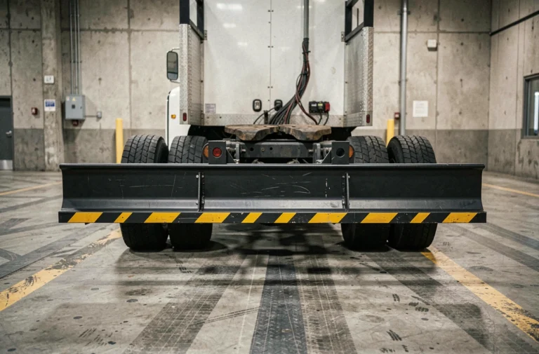 Barre anti-écrasement arrière en acier montée sous un camion semi-remorque dans un quai de chargement industriel