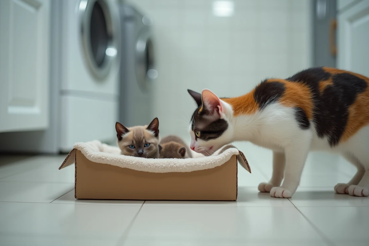 Chatte calico guidant ses chatons nouveau-nés vers une boîte en carton tapissée de polaire dans une buanderie domestique