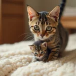 Chatte tigrée transportant un chaton nouveau-né par la peau du cou sur une couverture en laine crème à l'intérieur d'une chambre douillette