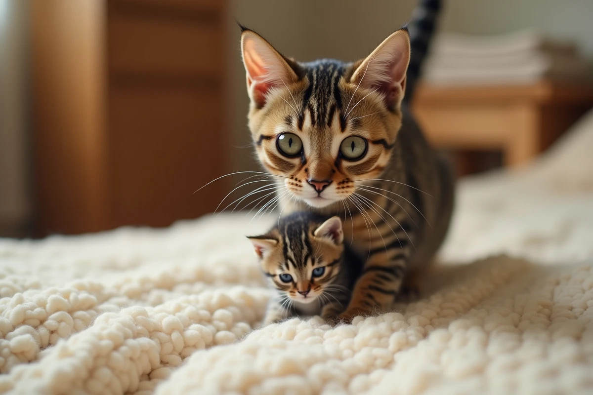 Chatte tigrée transportant un chaton nouveau-né par la peau du cou sur une couverture en laine crème à l'intérieur d'une chambre douillette