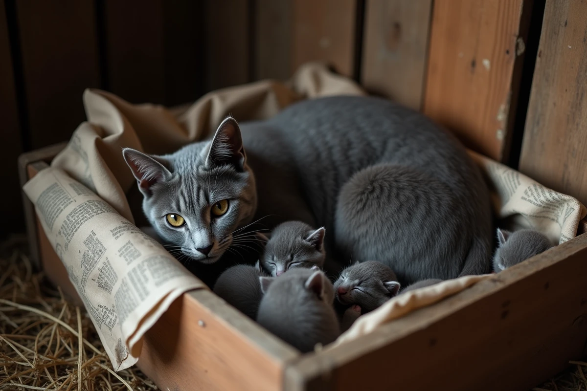 Chatte grise allaitant ses chatons nouveau-nés dans une caisse en bois garnie de journaux dans une grange rustique