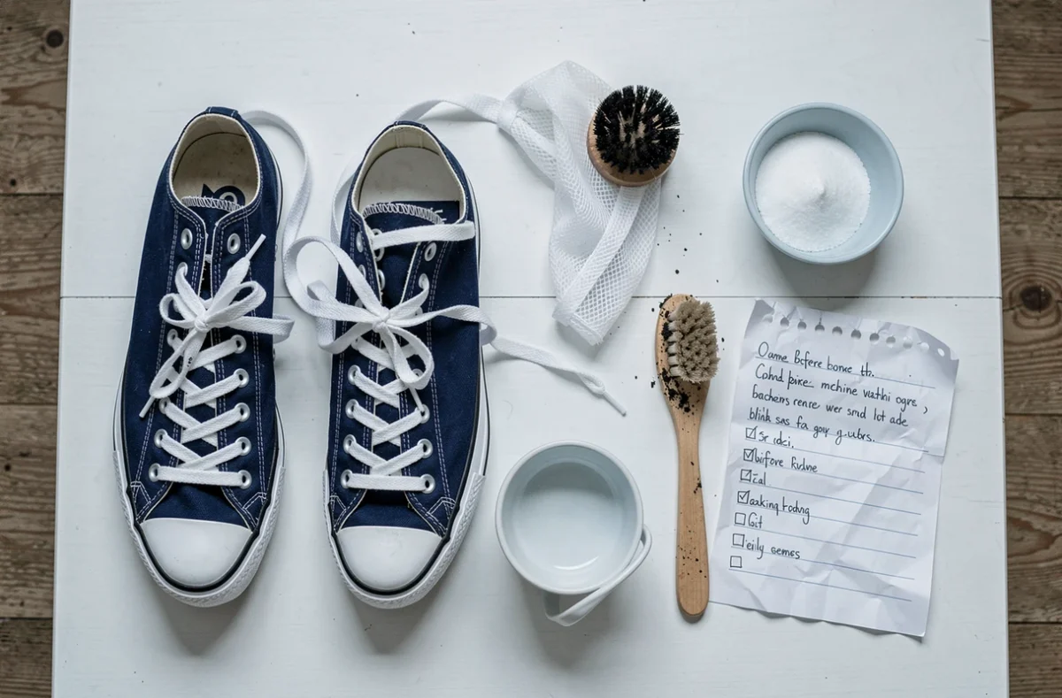 Vue de dessus d'une check-list et des accessoires nécessaires pour laver des Converse en machine sans les abîmer