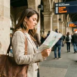 Femme consultant une carte de train dans une grande gare européenne, choisissant son moyen de transport en voyage