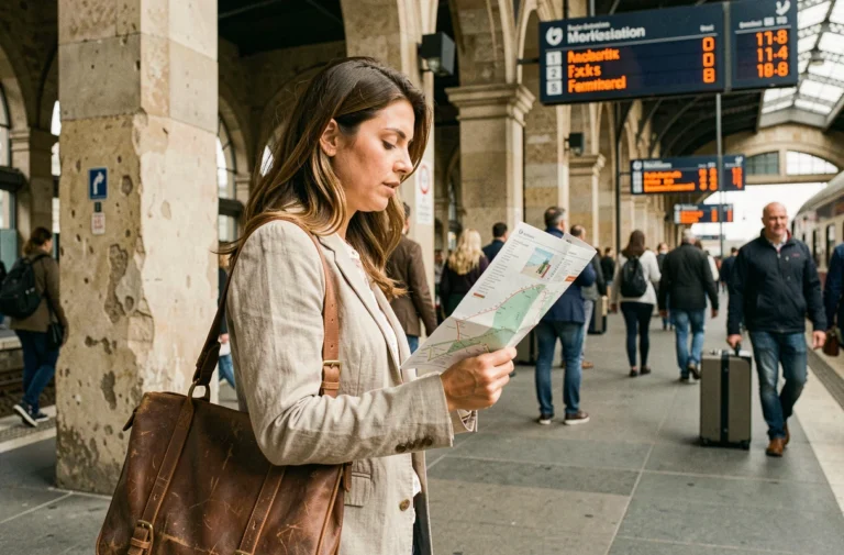 Femme consultant une carte de train dans une grande gare européenne, choisissant son moyen de transport en voyage
