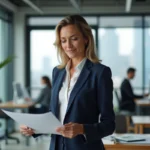 Claire-Anne Callens, professionnelle accomplie, examinant des documents dans un bureau moderne avec vue sur la ville