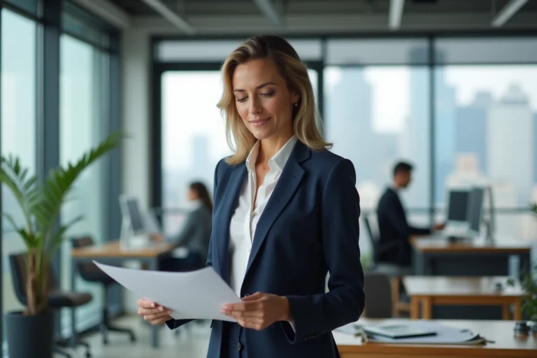 Claire-Anne Callens, professionnelle accomplie, examinant des documents dans un bureau moderne avec vue sur la ville