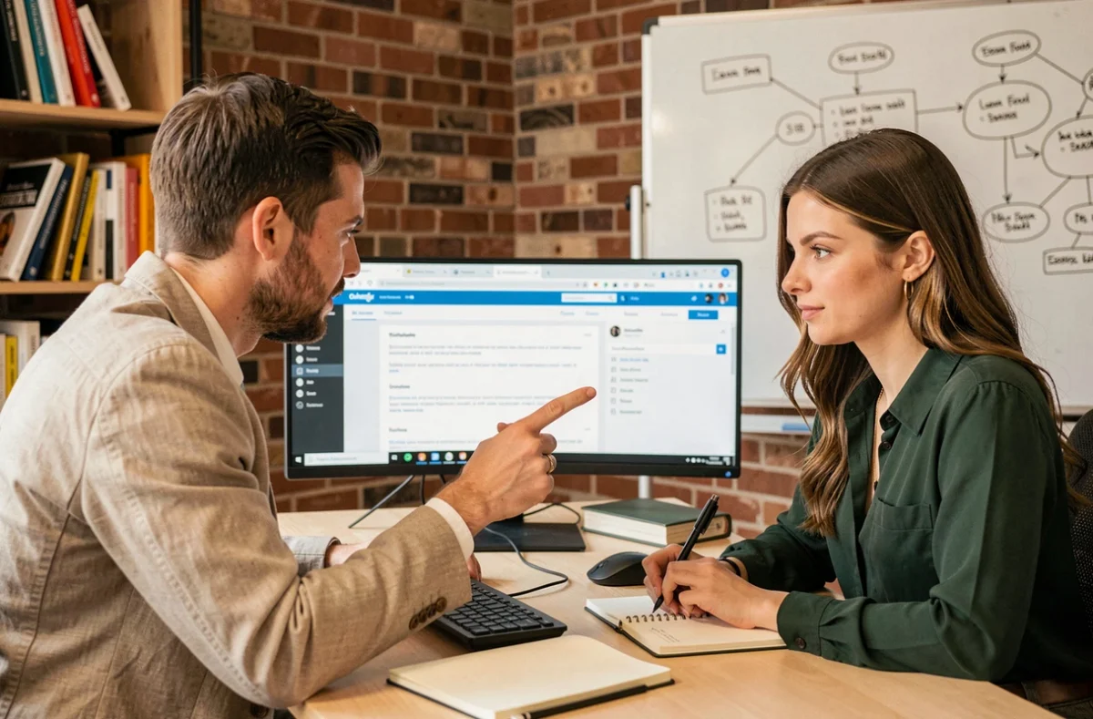 Deux collègues collaborant sur les premiers pas d'une plateforme web d'orchestration dans un espace de travail créatif