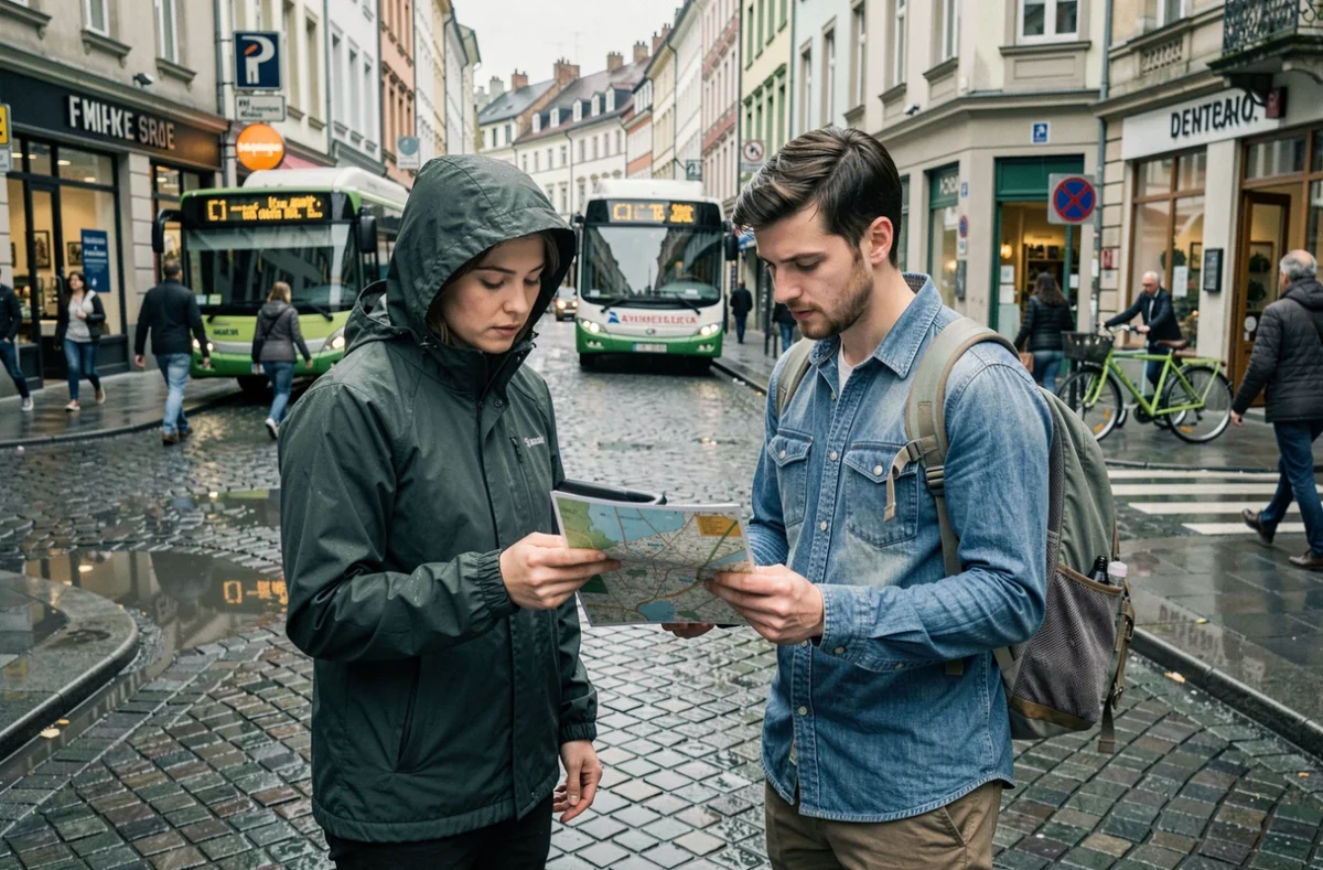 Deux voyageurs comparant une carte papier et un GPS dans une rue pavée européenne avec bus et vélos en arrière-plan