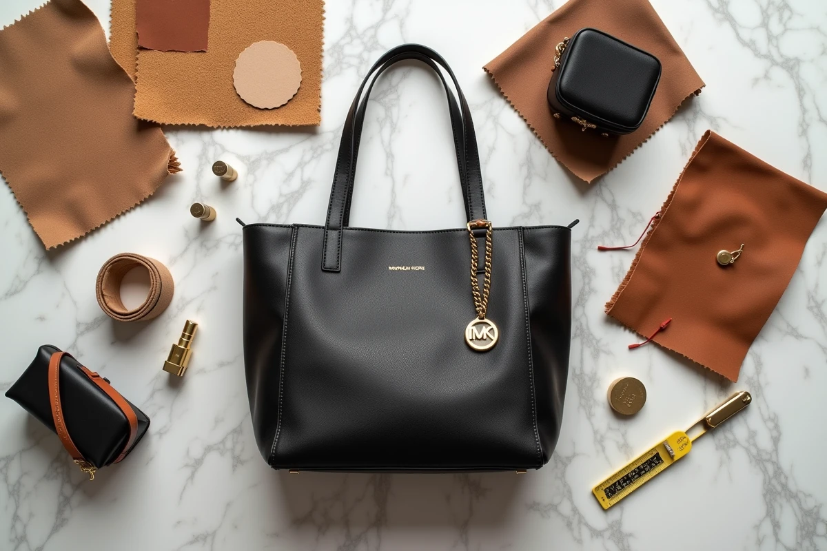 Mise à plat d'un sac Michael Kors en cuir noir avec composants de fabrication et échantillons de matières