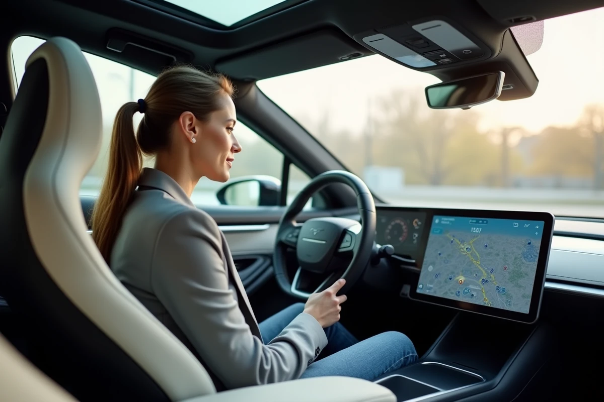 Conductrice dans l'habitacle d'un véhicule électrique moderne avec tableau de bord tactile et système de conduite autonome
