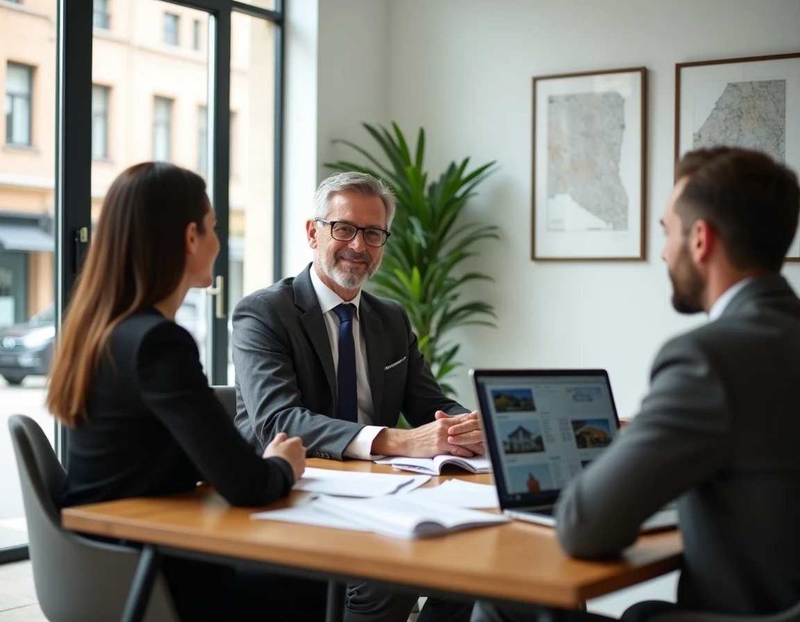 Consultant immobilier en agence locale conseillant un couple sur un projet d'achat immobilier
