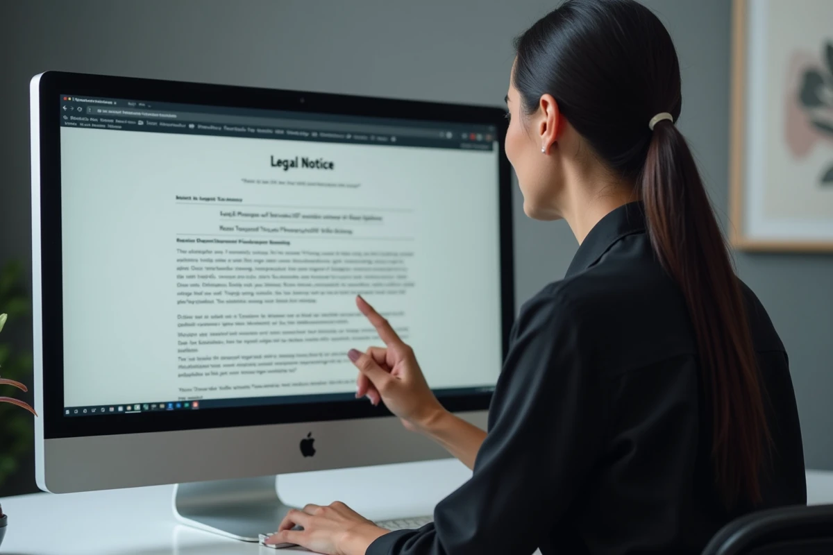 Femme consultant la page de mentions légales d'un site web sur un grand écran de bureau dans un bureau minimaliste