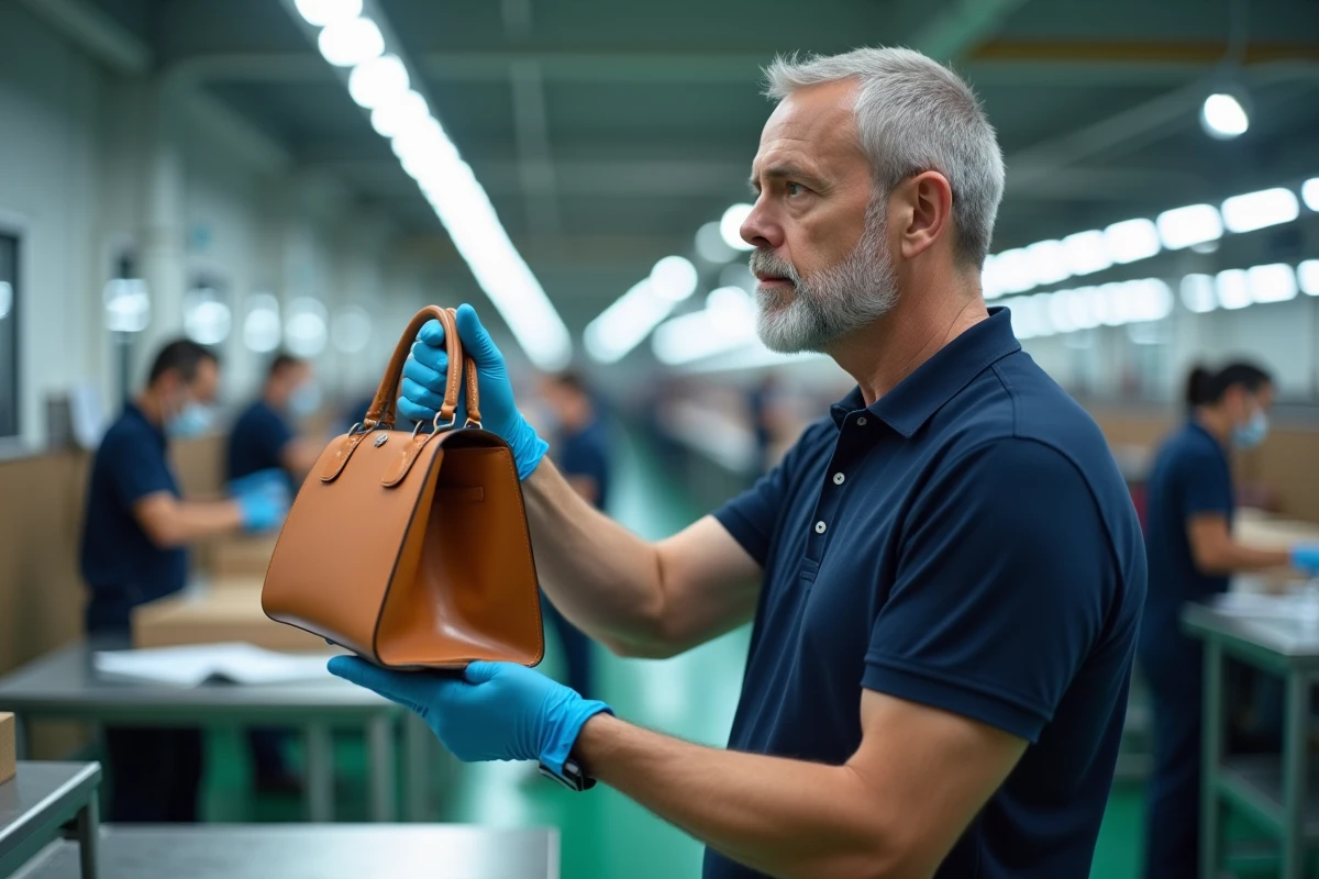 Contrôleur qualité inspectant un sac à main Michael Kors dans une usine de fabrication moderne