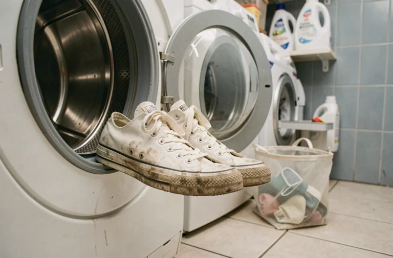 Paire de Converse blanches usées posées sur le bord d'un tambour de machine à laver ouverte avec un filet de lavage à côté