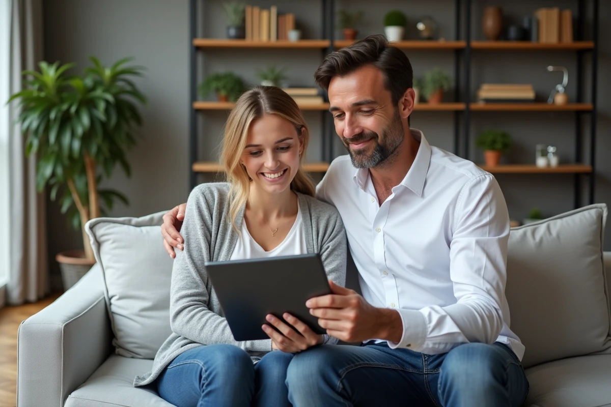 Couple consultant une application de protection du foyer sur tablette dans leur salon