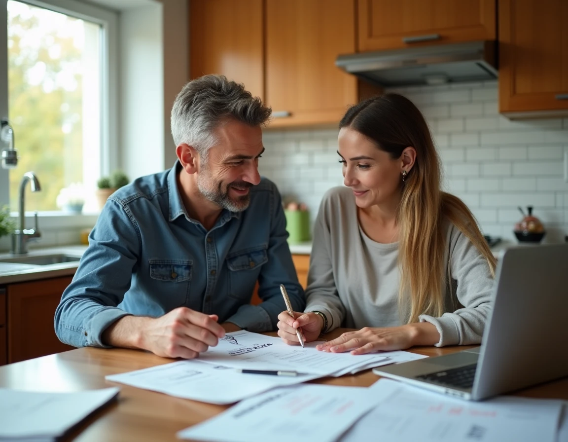 Couple planifiant ensemble leurs finances personnelles avec des documents et un ordinateur portable sur une table de cuisine