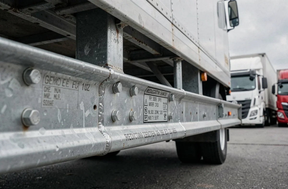 Détail en gros plan d'une barre de protection latérale anti-écrasement sur un camion logistique dans un terminal de fret