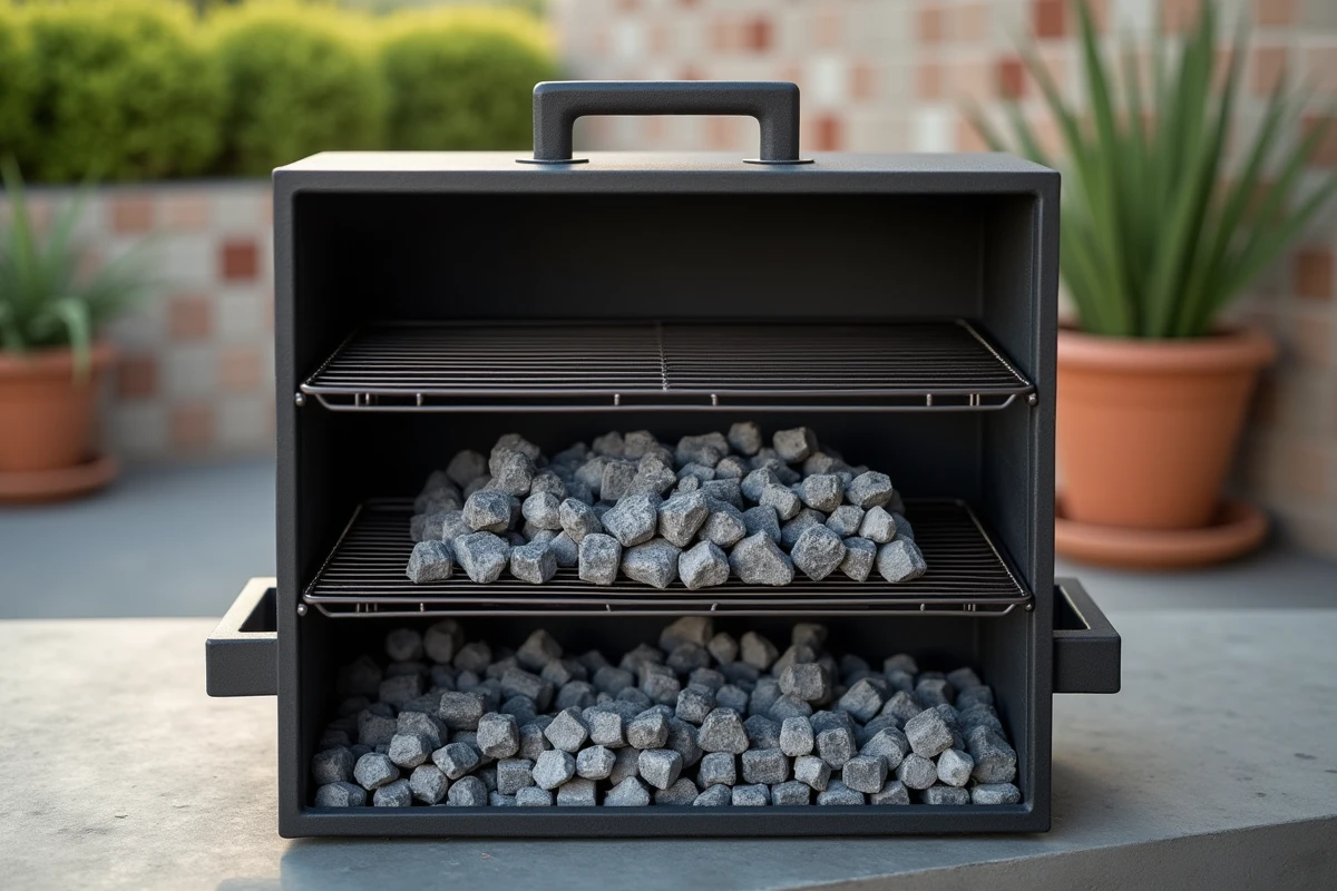 Vue large d'un barbecue rectangulaire ouvert montrant la double grille intérieure avec briquettes de charbon posées sur la grille du bas