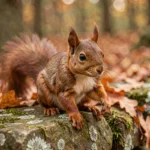 Écureuil roux perché sur un mur de pierre moussu en forêt automnale, symbolisant la spiritualité et la connexion à la nature