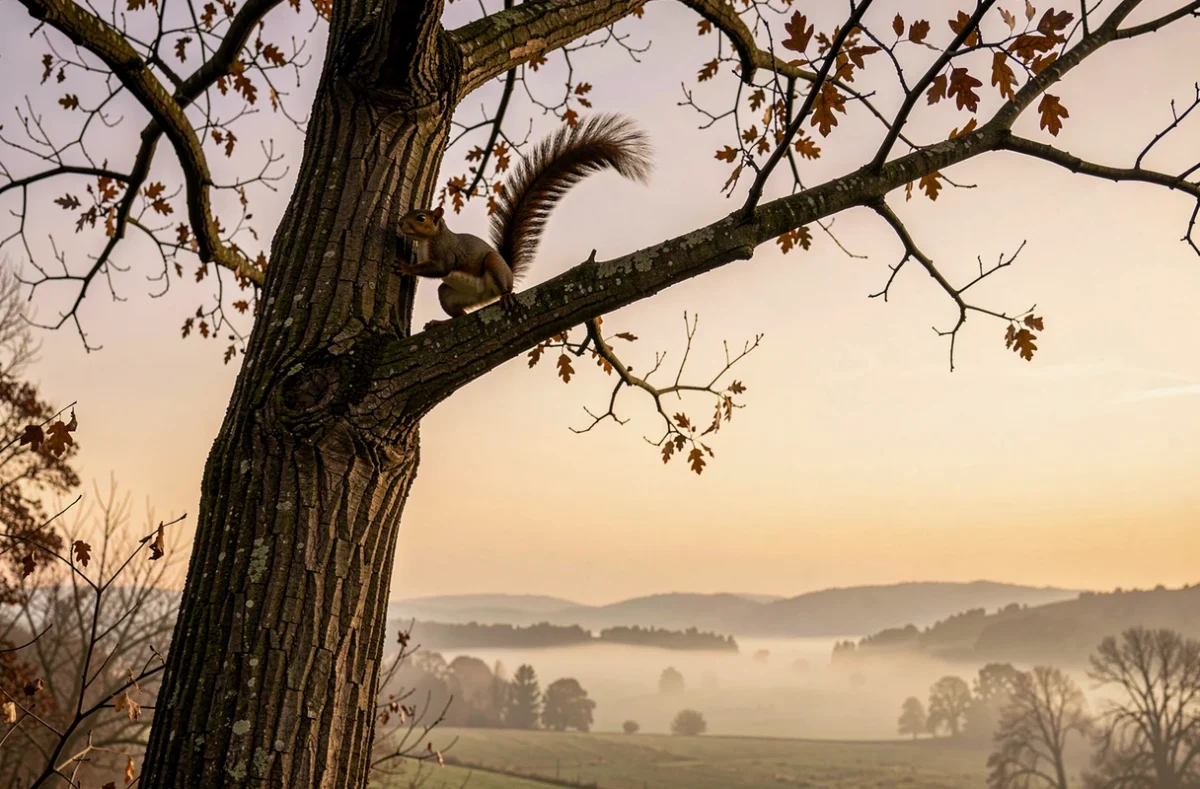 Écureuil en silhouette au sommet d'un chêne dans un paysage brumeux, symbolisant l'élévation spirituelle et la liberté
