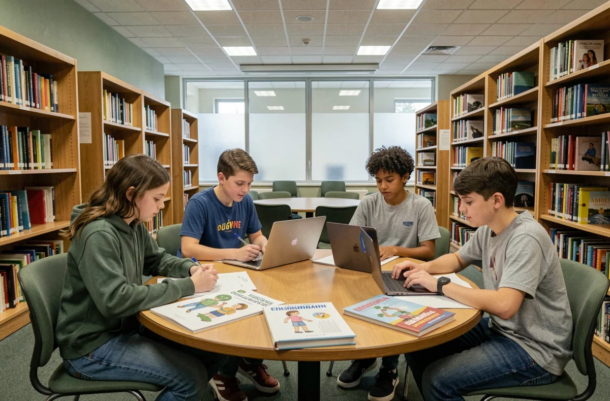 Groupe d'élèves collaborant autour de ressources pédagogiques adaptées dans une bibliothèque scolaire moderne