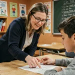 Enseignante guidant un élève adolescent avec des ressources pédagogiques adaptées en salle de classe