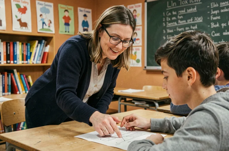 Enseignante guidant un élève adolescent avec des ressources pédagogiques adaptées en salle de classe