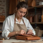 Artisane cousant à la main un sac en cuir Michael Kors dans un atelier de maroquinerie en Italie