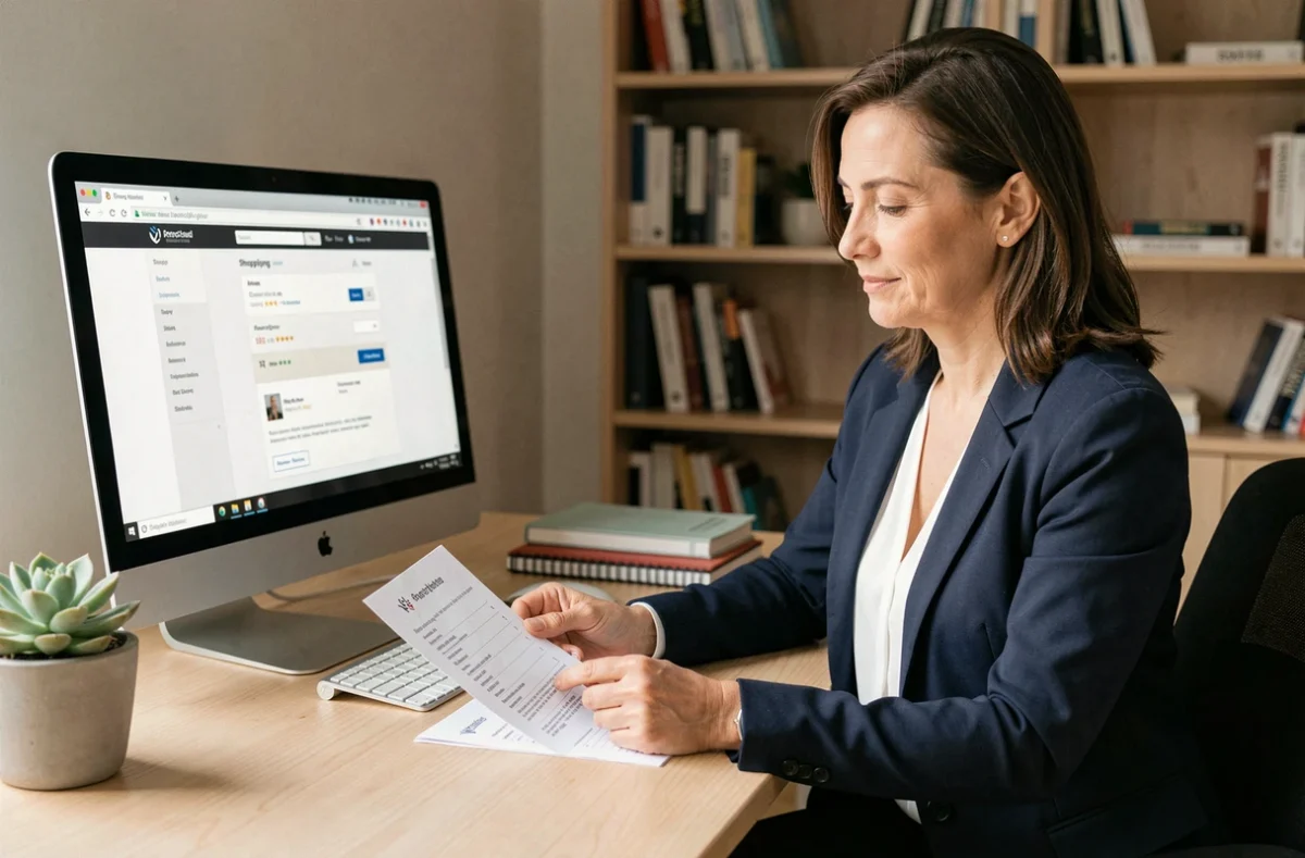 Femme organisée gérant ses achats en ligne depuis un bureau à domicile minimaliste