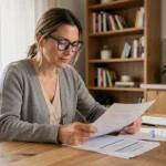 Femme en train d'analyser des documents de restructuration de prêt à une table en bois dans un appartement moderne