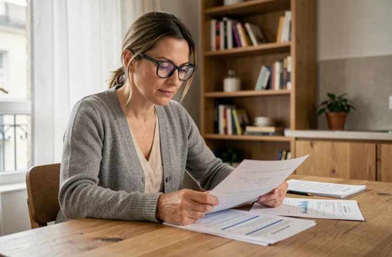 Femme en train d'analyser des documents de restructuration de prêt à une table en bois dans un appartement moderne