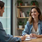 Femme souriante en coaching dans un bureau moderne