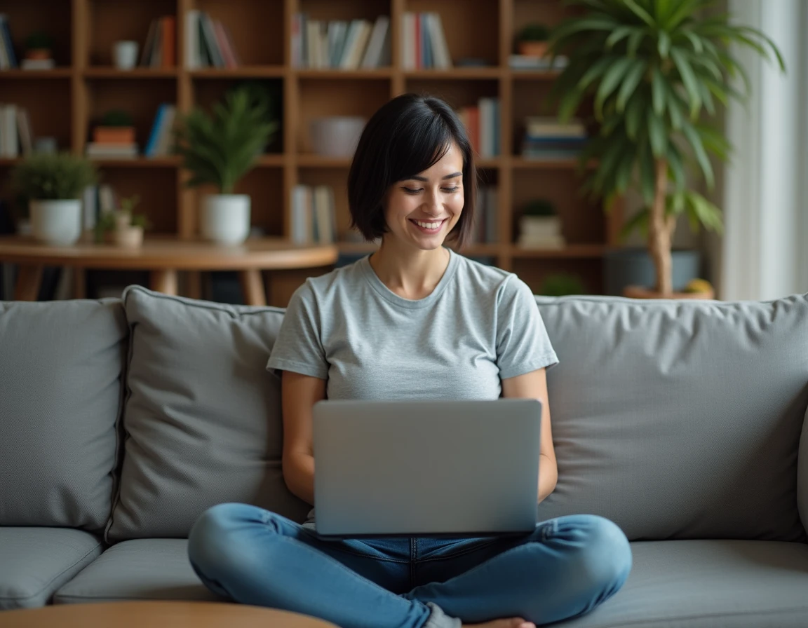 Femme comparant des plateformes alternatives de téléchargement de jeux PC en sécurité depuis son salon