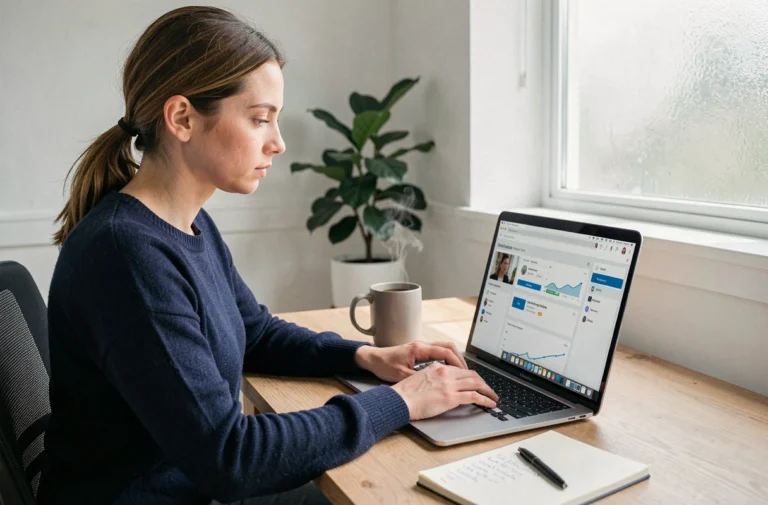 Femme travaillant sur un tableau de bord web pour débuter avec une plateforme d'orchestration en ligne