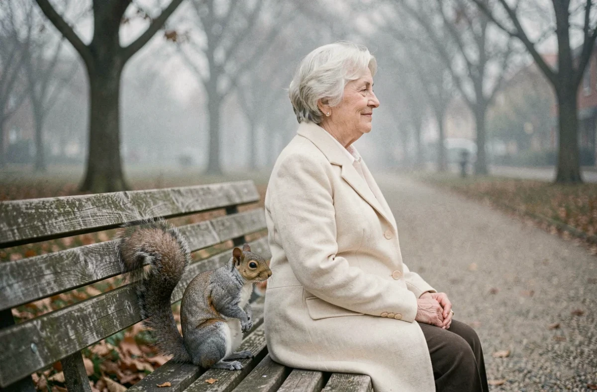 Femme âgée en paix avec un écureuil gris sur un banc de parc, illustrant une rencontre spirituelle avec la nature