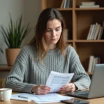 Femme analysant son budget personnel avec des feuilles de calcul et un ordinateur portable dans un bureau à domicile bien organisé