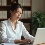 Femme professionnelle consultant des mentions légales sur son ordinateur portable dans un bureau moderne
