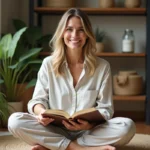 Femme souriante lisant un livre de naturopathie dans un salon cosy