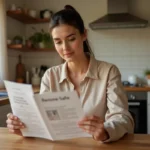 Femme consultant une brochure sur la protection du foyer dans une cuisine moderne française