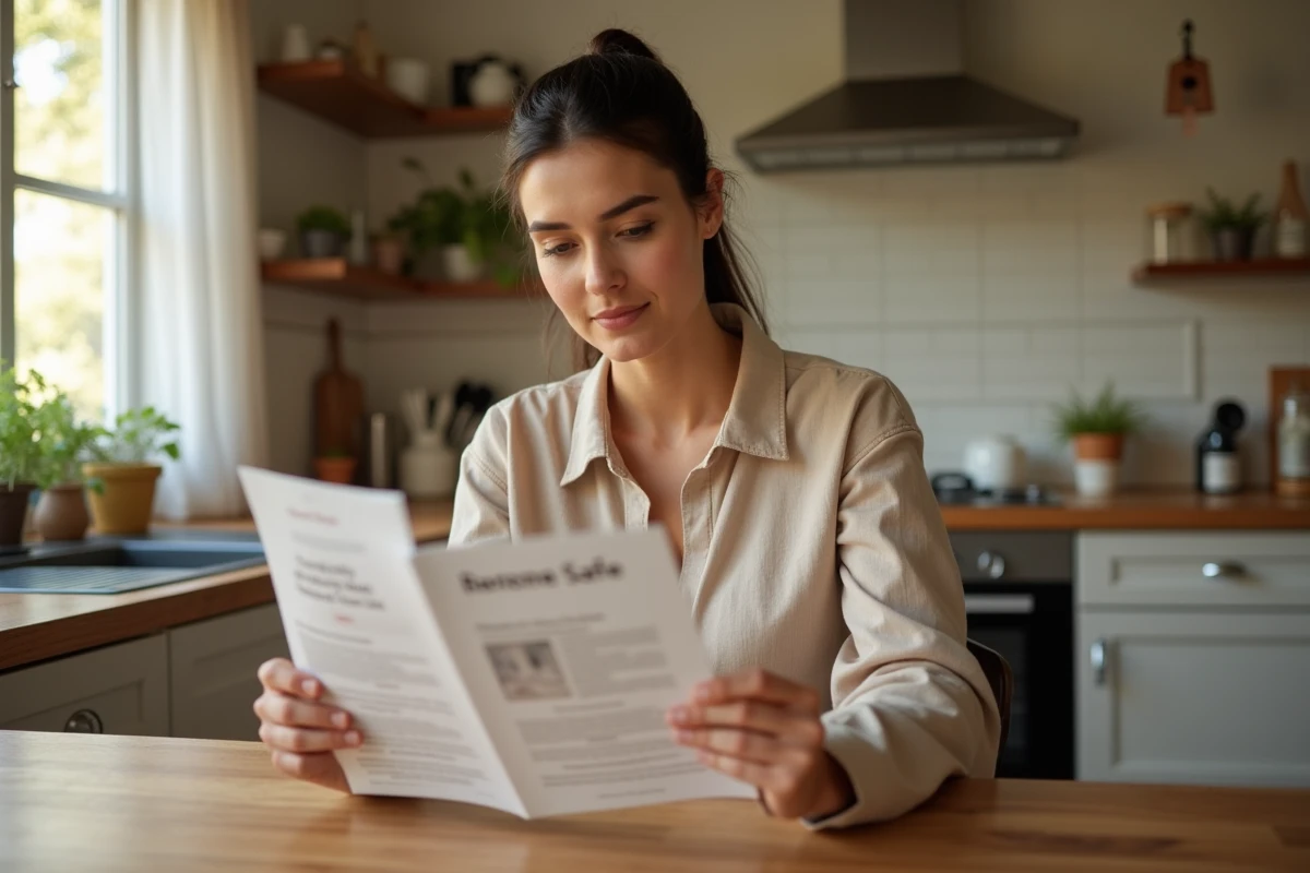 Femme consultant une brochure sur la protection du foyer dans une cuisine moderne française
