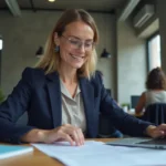 Femme professionnelle en blazer marine consultant des offres d'emploi sur un ordinateur portable dans un espace de coworking moderne