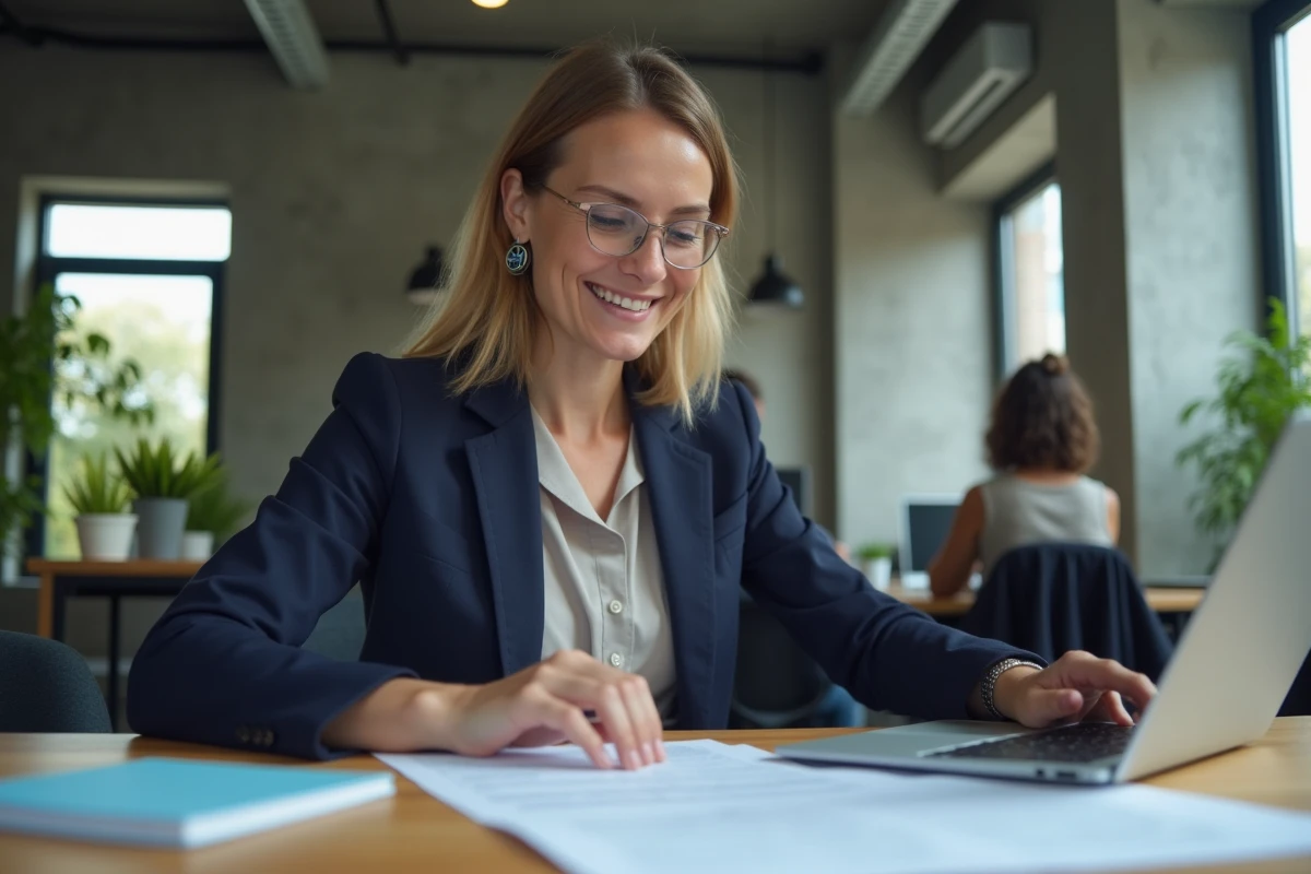 Femme professionnelle en blazer marine consultant des offres d'emploi sur un ordinateur portable dans un espace de coworking moderne