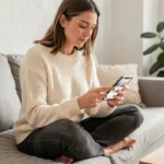 Femme faisant du shopping en ligne sur smartphone dans un salon scandinave moderne